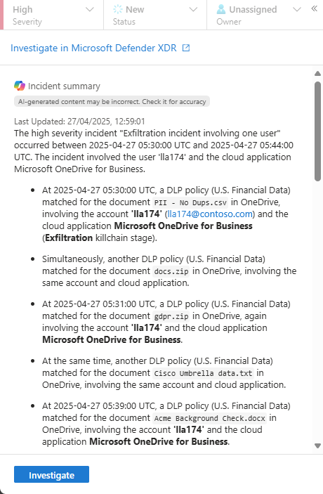 Screenshot that shows the expanded incident summary.