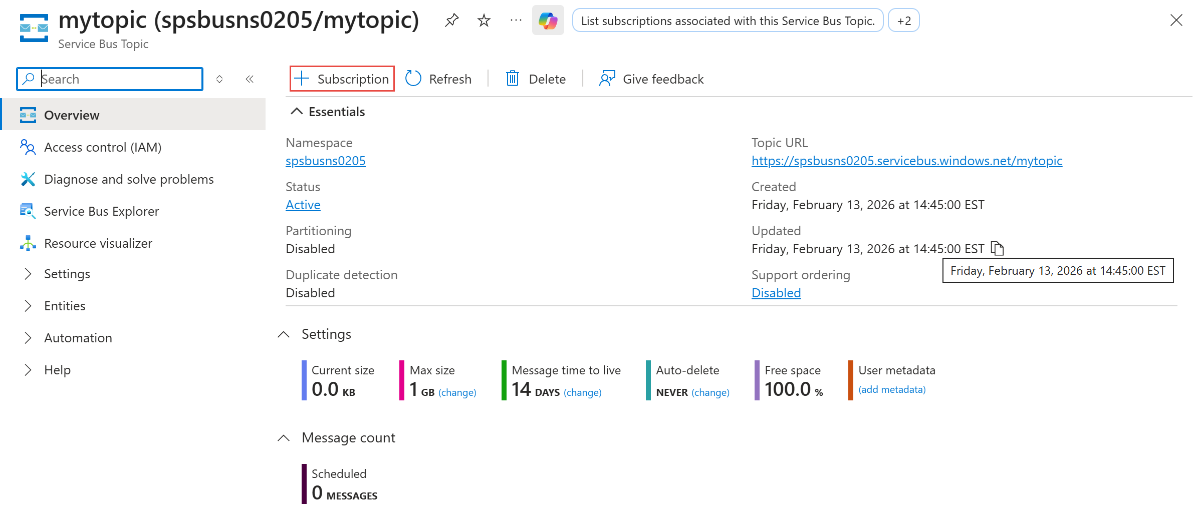 Screenshot that shows the Add subscription button on the Topic page.