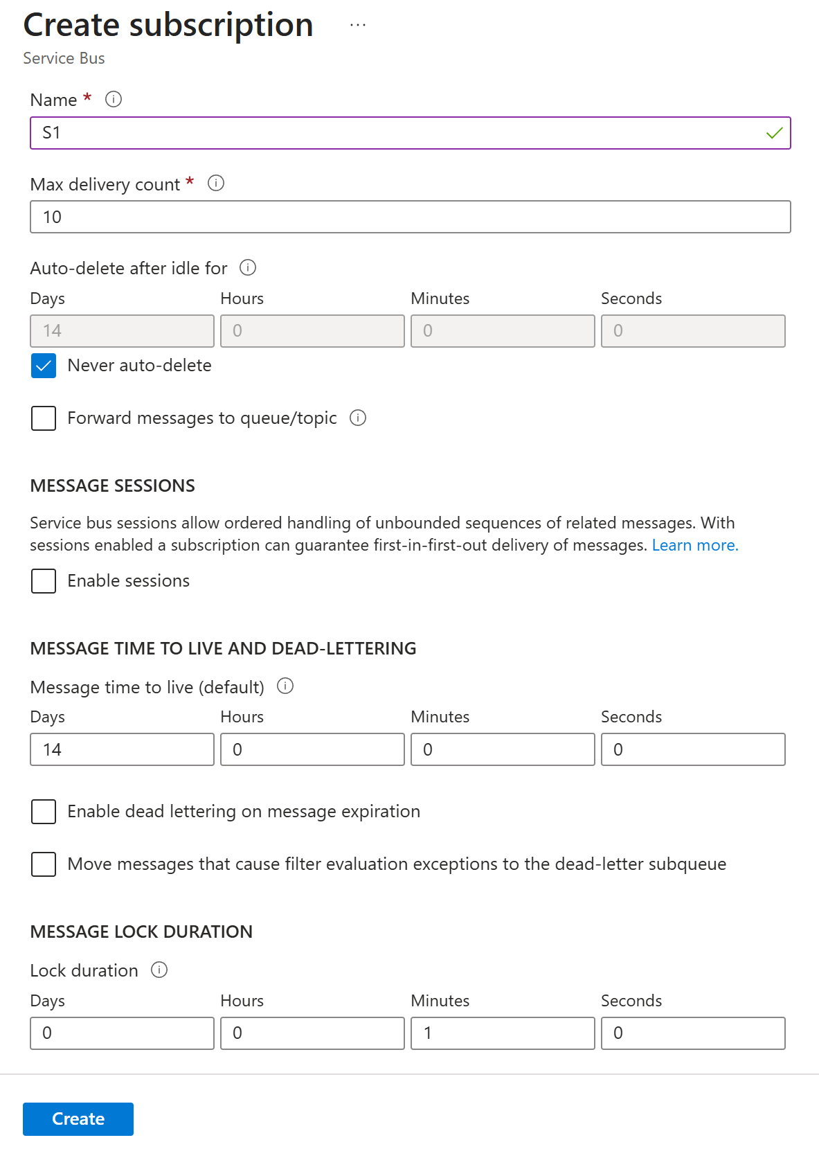 Screenshot that shows the Create subscription page.