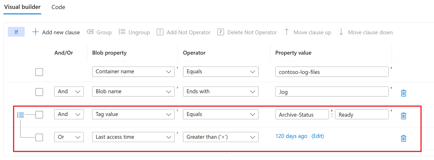 Screenshot of clauses grouped together.