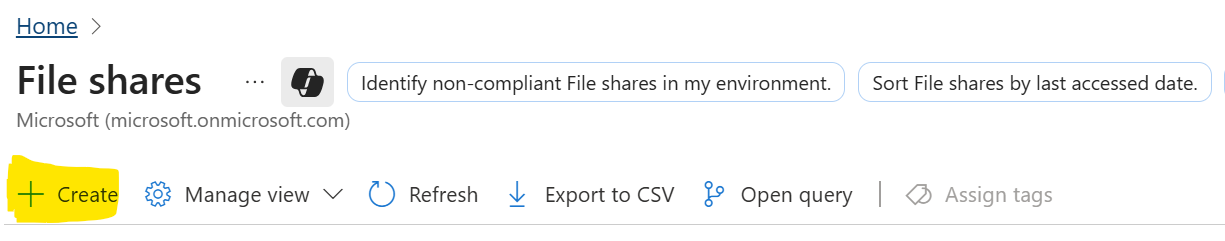 A screenshot of the Azure portal for create button for file share.
