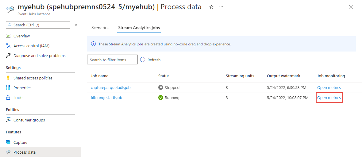 Screenshot showing the Stream Analytics jobs tab.