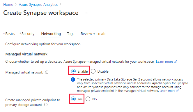 Screenshot that shows the Manage virtual network option under the Networking tab.