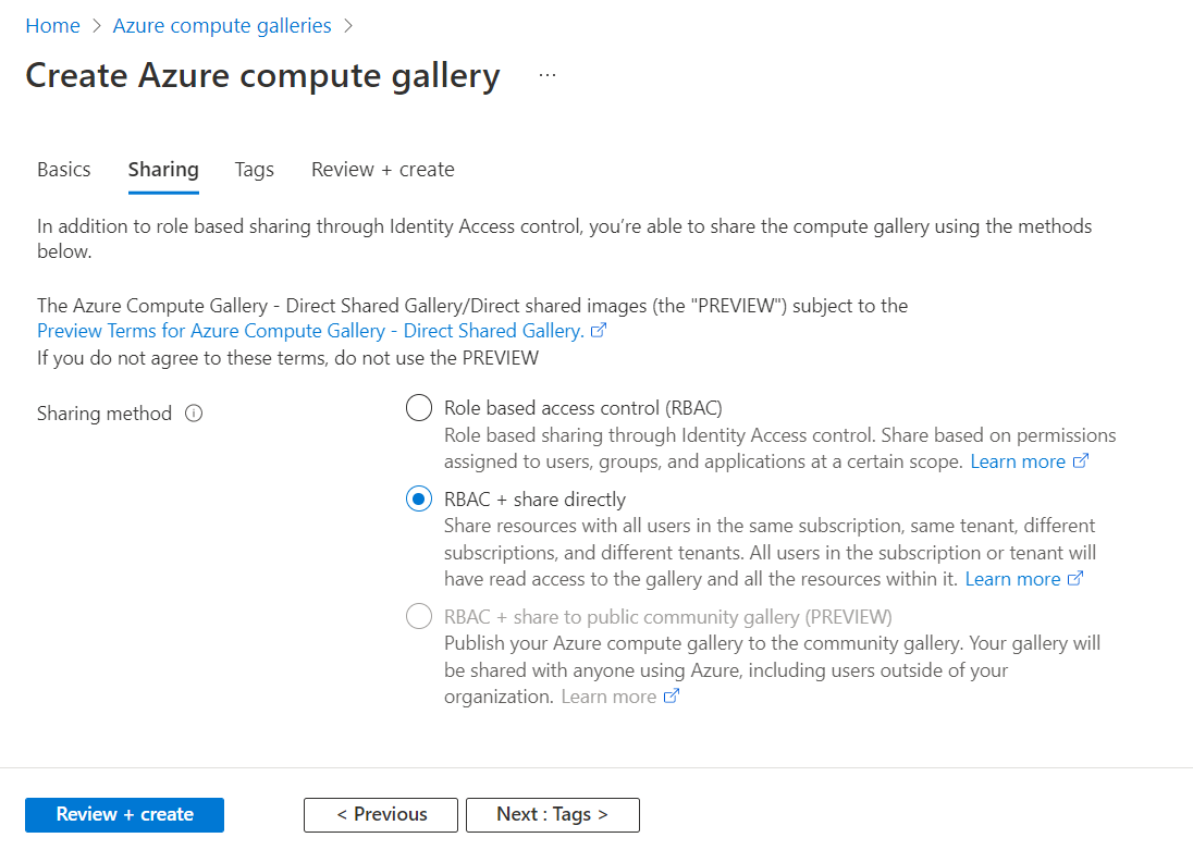 Screenshot that shows the option to both share by using role-based access control and share directly.