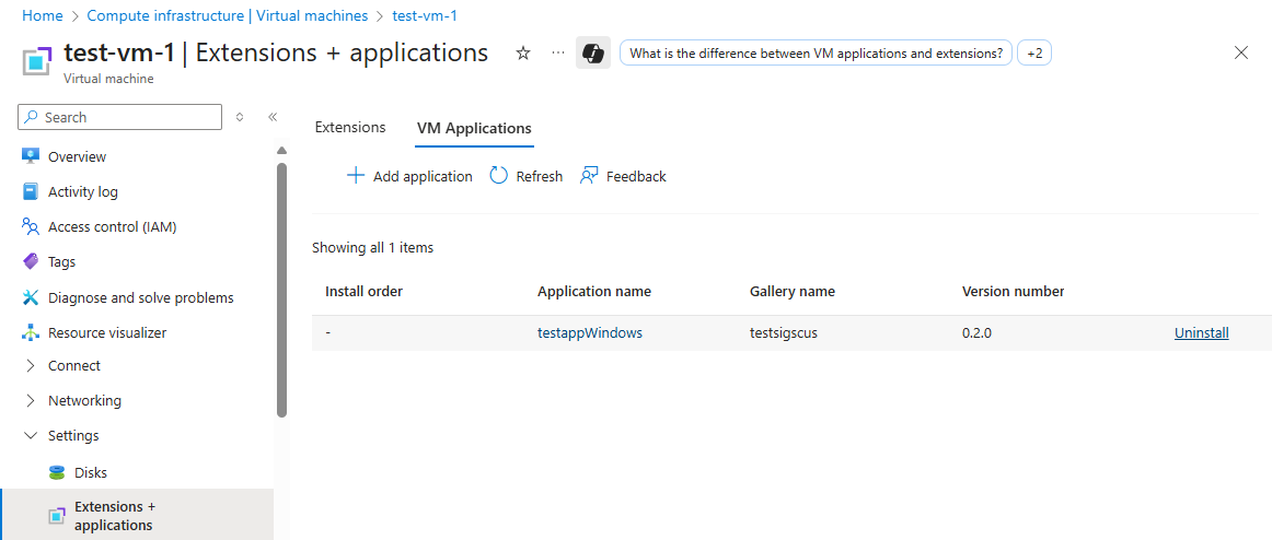 Screenshot showing how to Uninstall VM application from a VM.