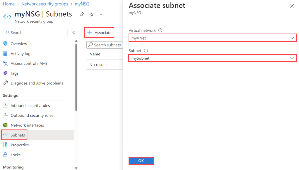 Screenshot of associating a network security group to a subnet in the Azure portal.