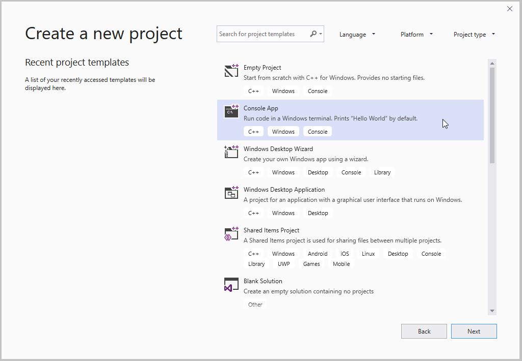 Screenshot of the Create a new project dialog.
