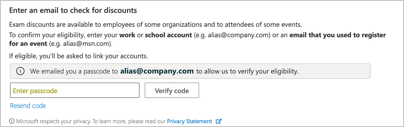 Enter passcode received in email