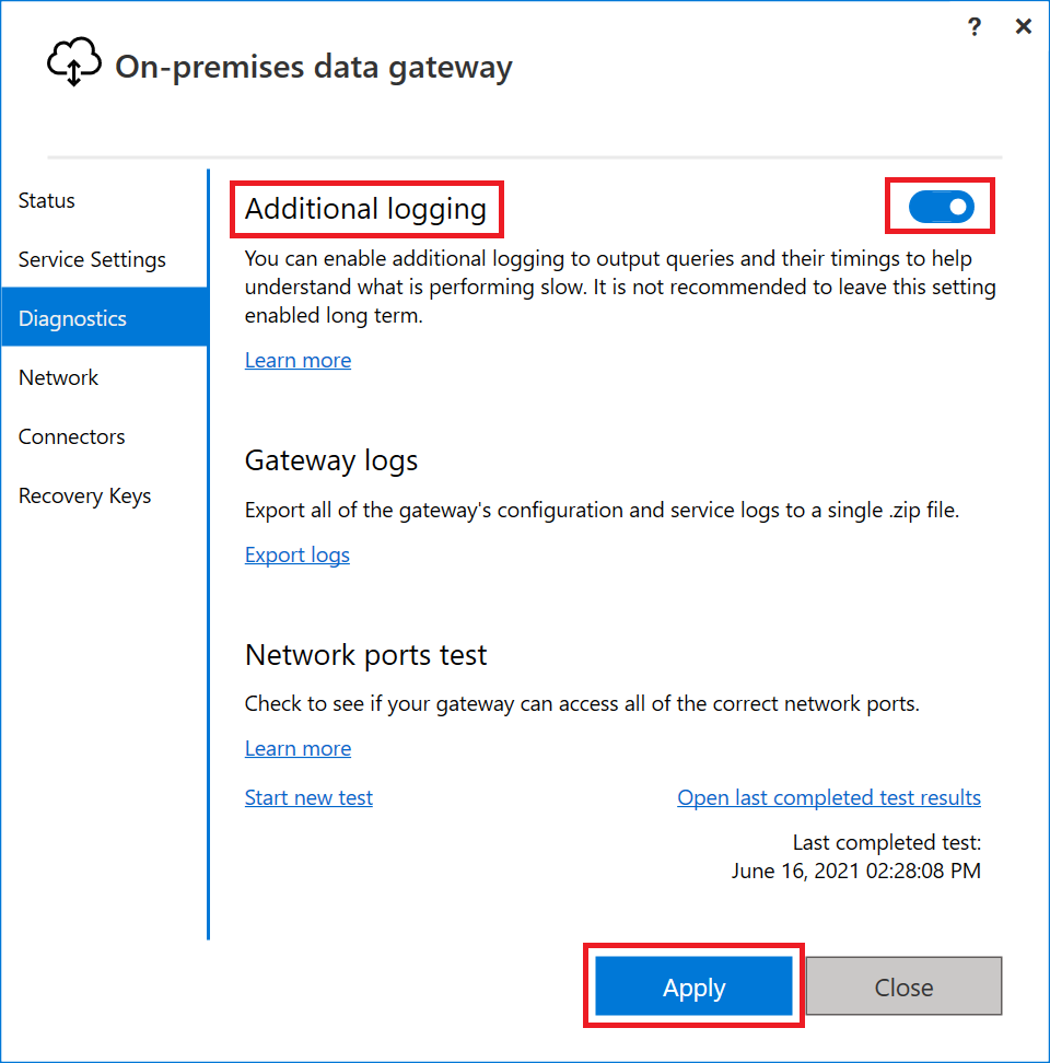 Screenshot of the gateway app with emphasis on how to turn on additional logging.