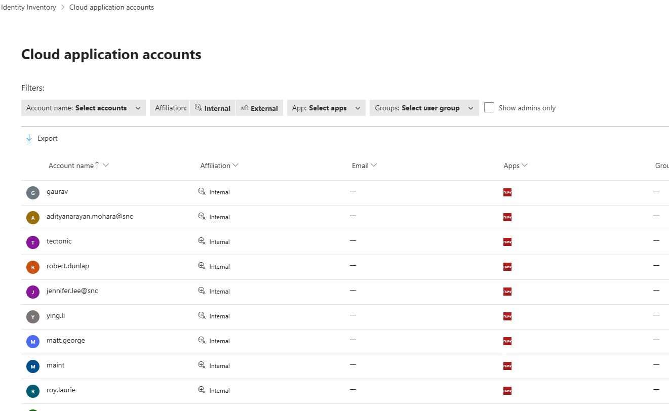 Screenshot that shows the Cloud application accounts tab.
