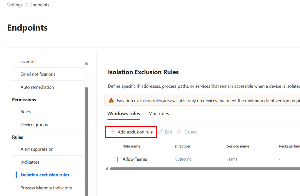 Screenshot showing how to add a new isolation exclusion rule.
