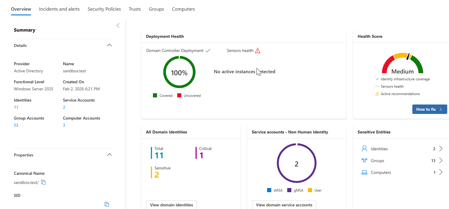 Screenshot that shows the domain overview tab with domain details, deployment health, health score, and identity summary cards.
