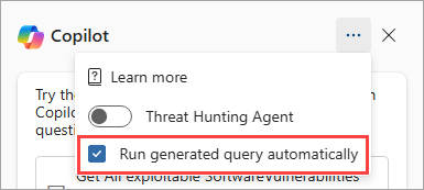 Screenshot of Security Copilot in advanced hunting showing the settings three-dot menu icon.