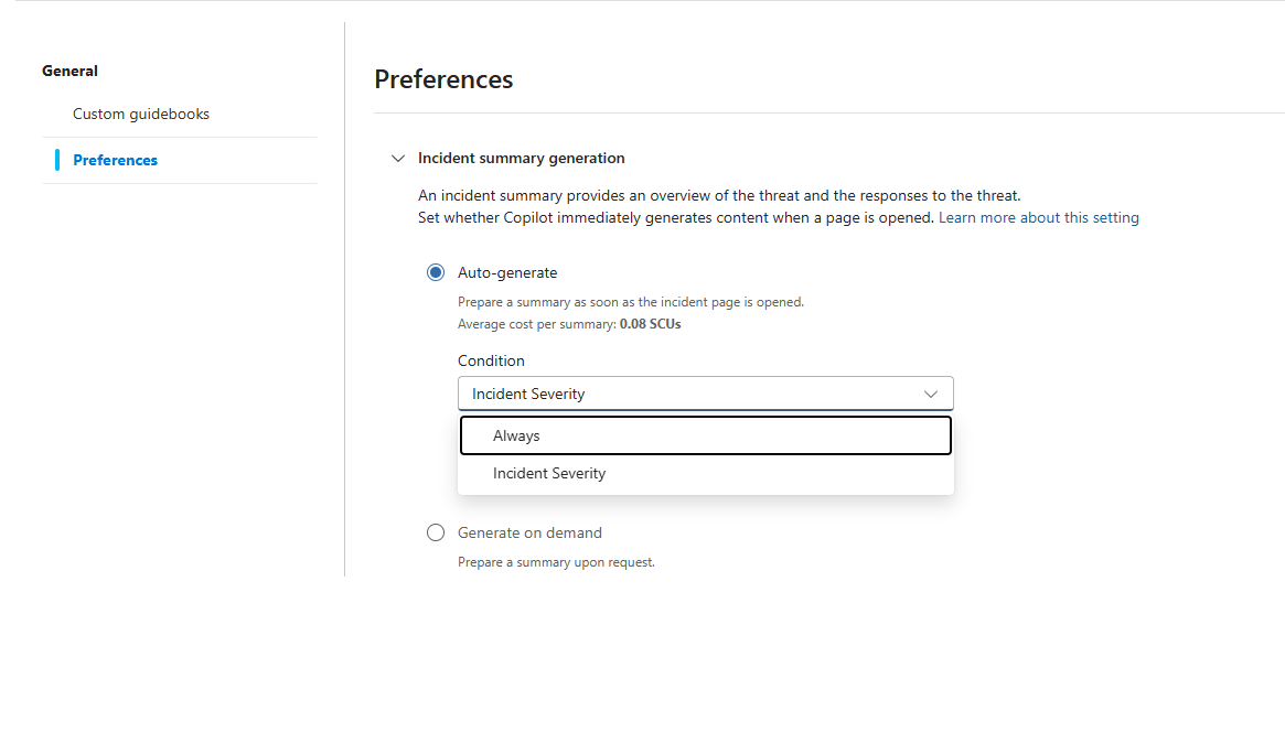 Screenshot that shows the Copilot settings preferences page in Microsoft Sentinel.