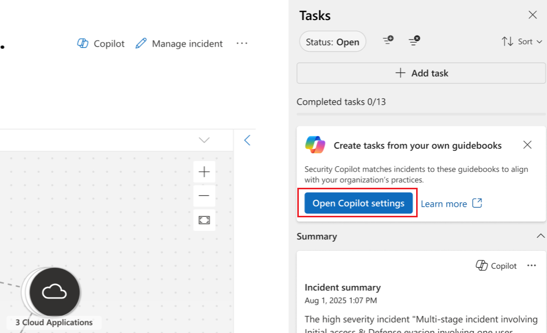 Screenshot of opening Copilot settings from the tasks pane.