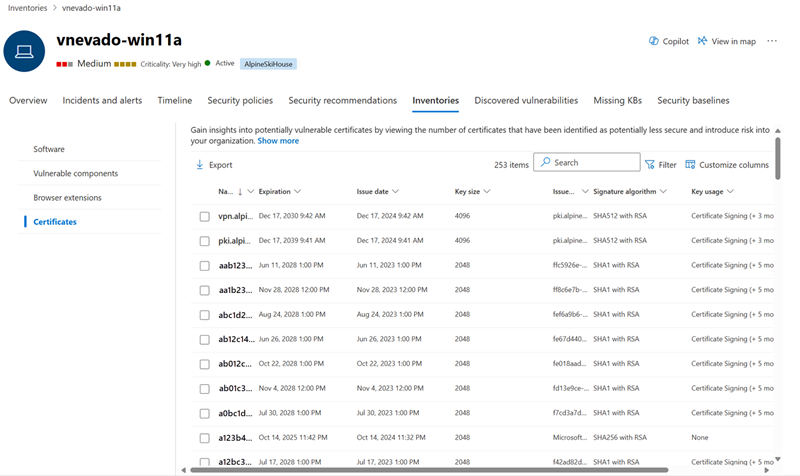 Screenshot of the certificate inventory in a device page