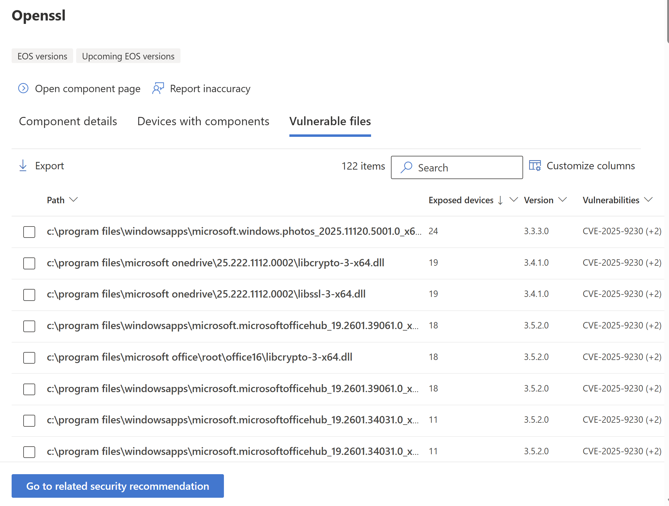 Example of the Software components vulnerable files page.