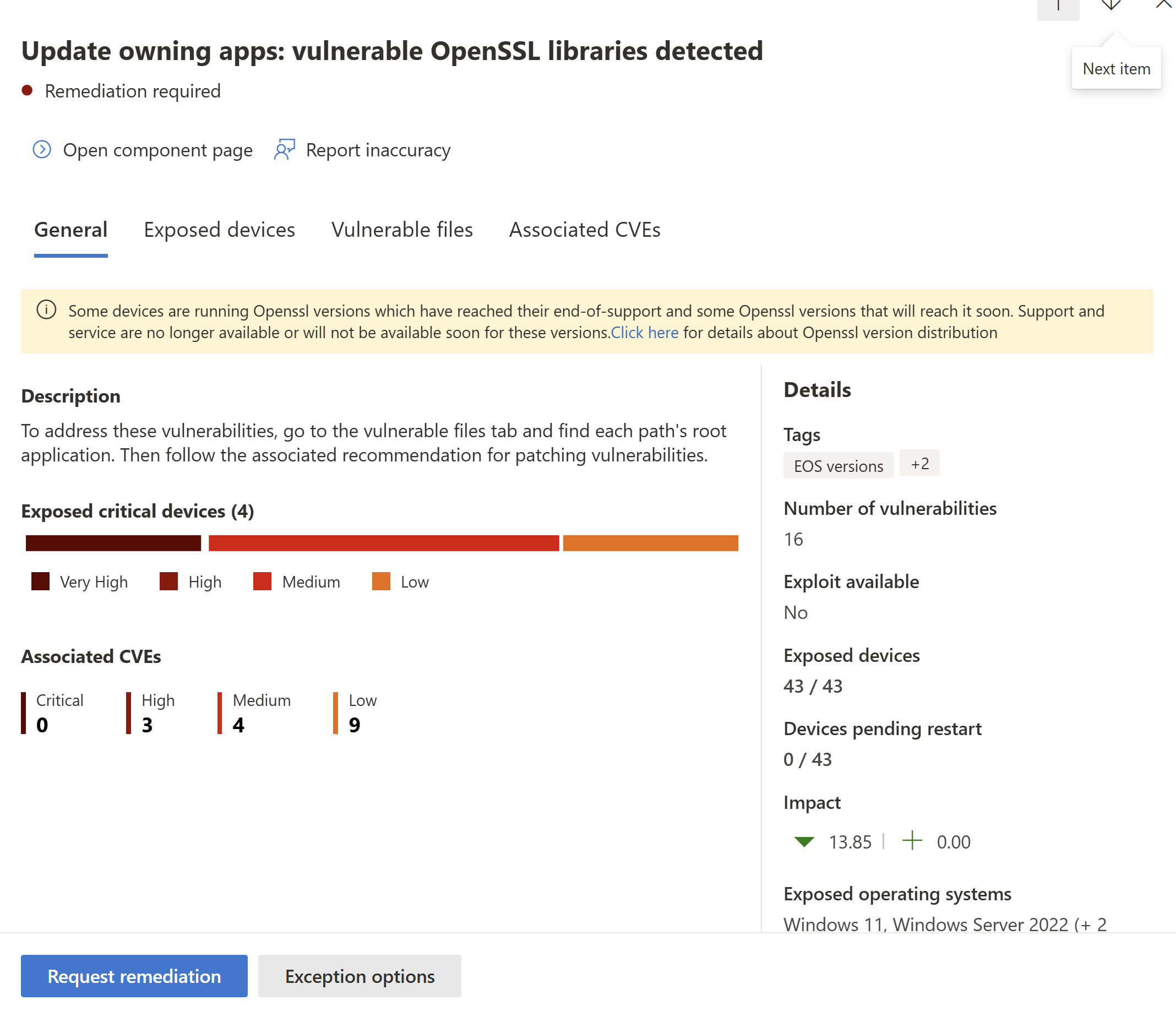 Example of a software recommendation for a software component.