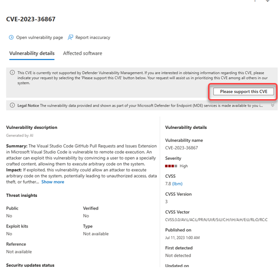Weakness flyout with support CVE button example.
