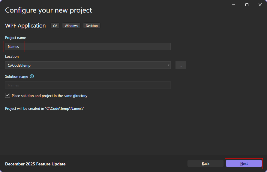 A screenshot of the 'configure your new project' dialog from Visual Studio 2026. The 'Project name' textbox has the word 'Names' in it and is highlighted with a red box. The 'Next' button is also highlighted with a red box.