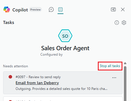 Shows the task pane of the Sales Order Agent highlighting the stop all tasks action