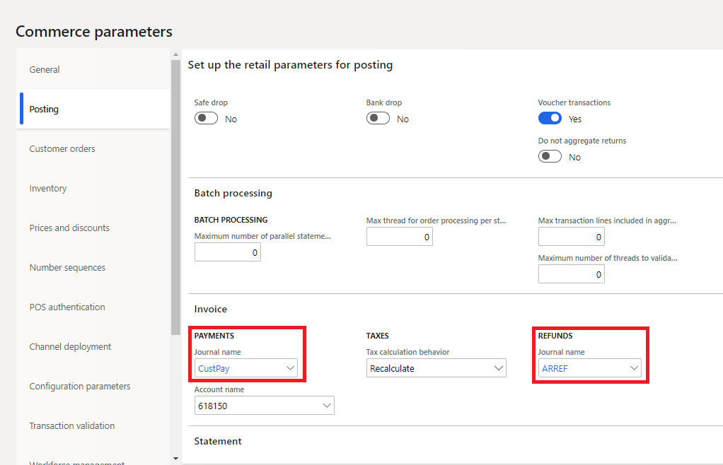 Screenshot of the payment voucher assignment on the Commerce parameters page.