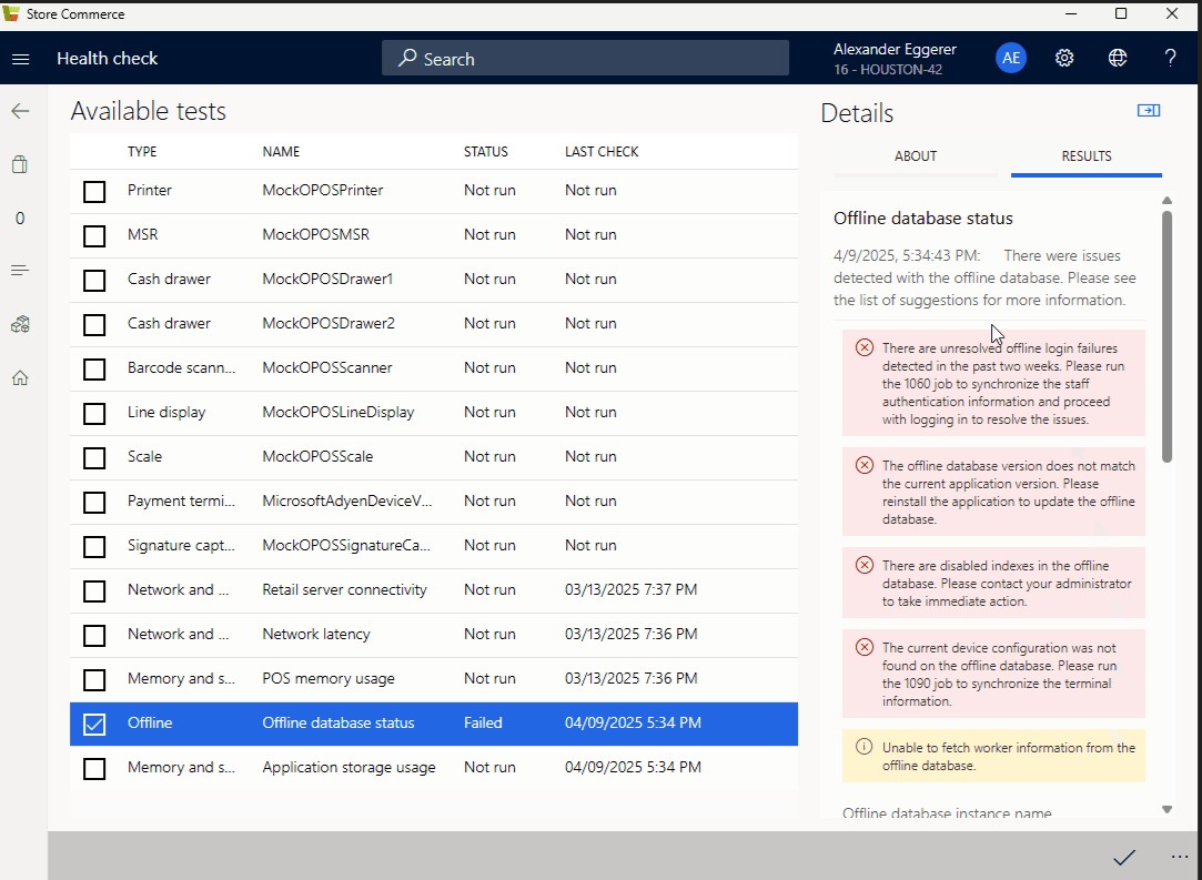 Image showing the Available tests page with test results for the Offline database status test.