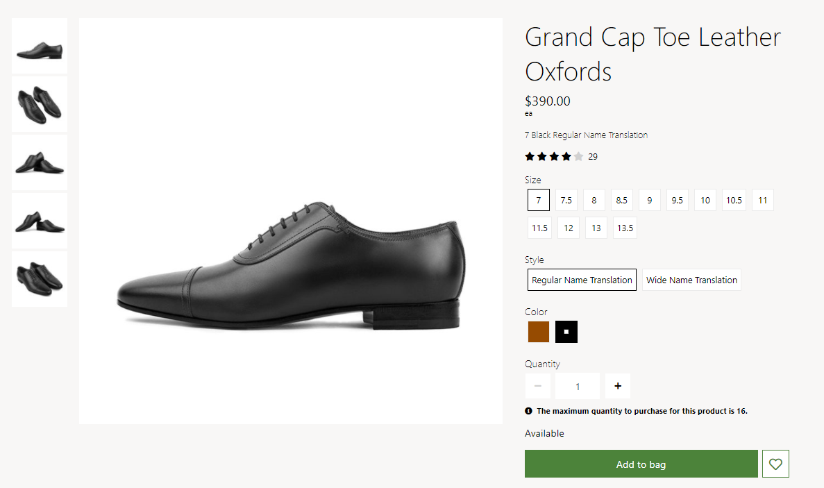 Screenshot of the color dimension shown as swatches on an e-commerce product details page.