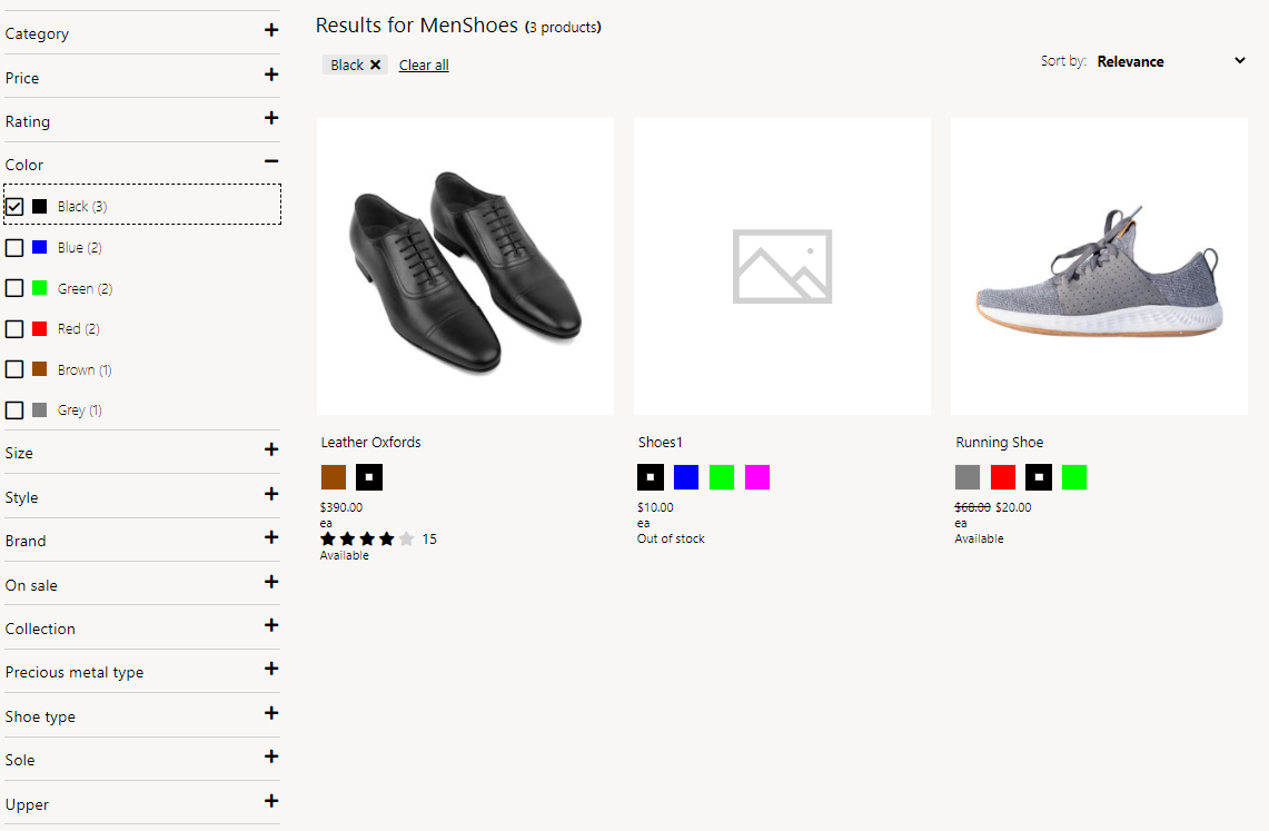Screenshot of the color dimension shown as swatches on an e-commerce list page.