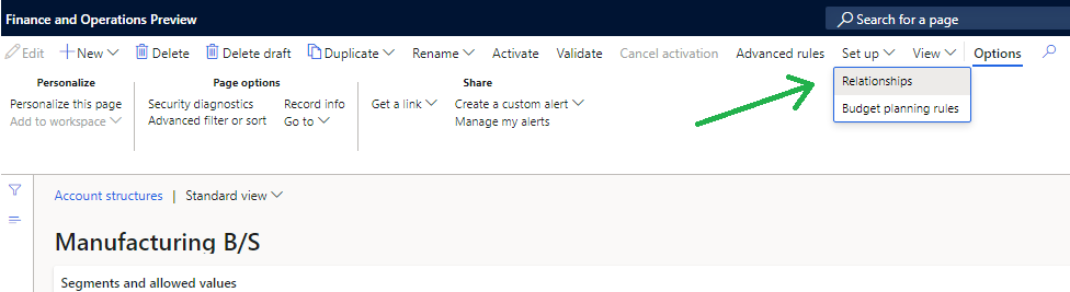 Screenshot showing the View and Relationships option on an account structure.
