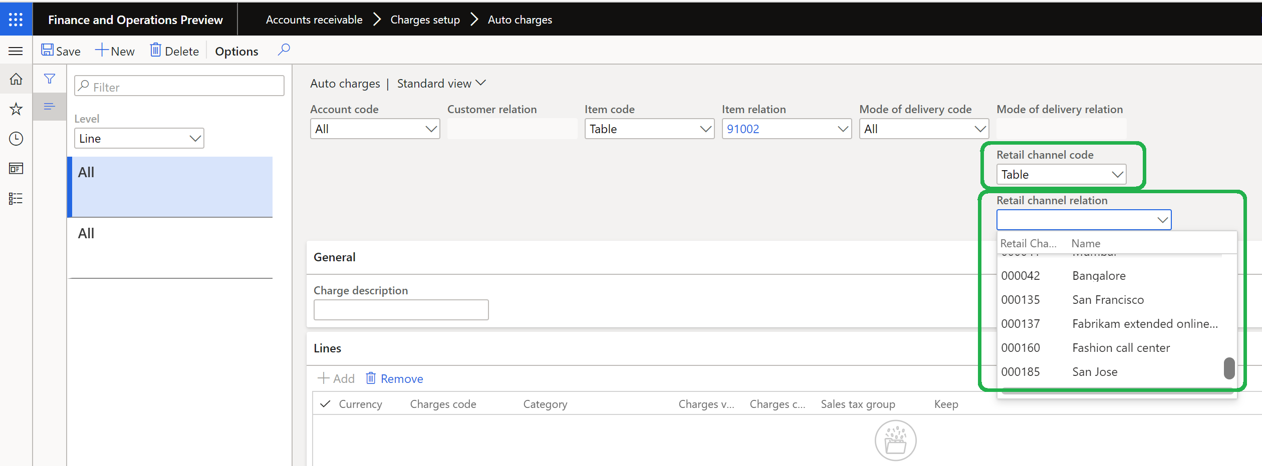 Screenshot of auto charges defined by channel.