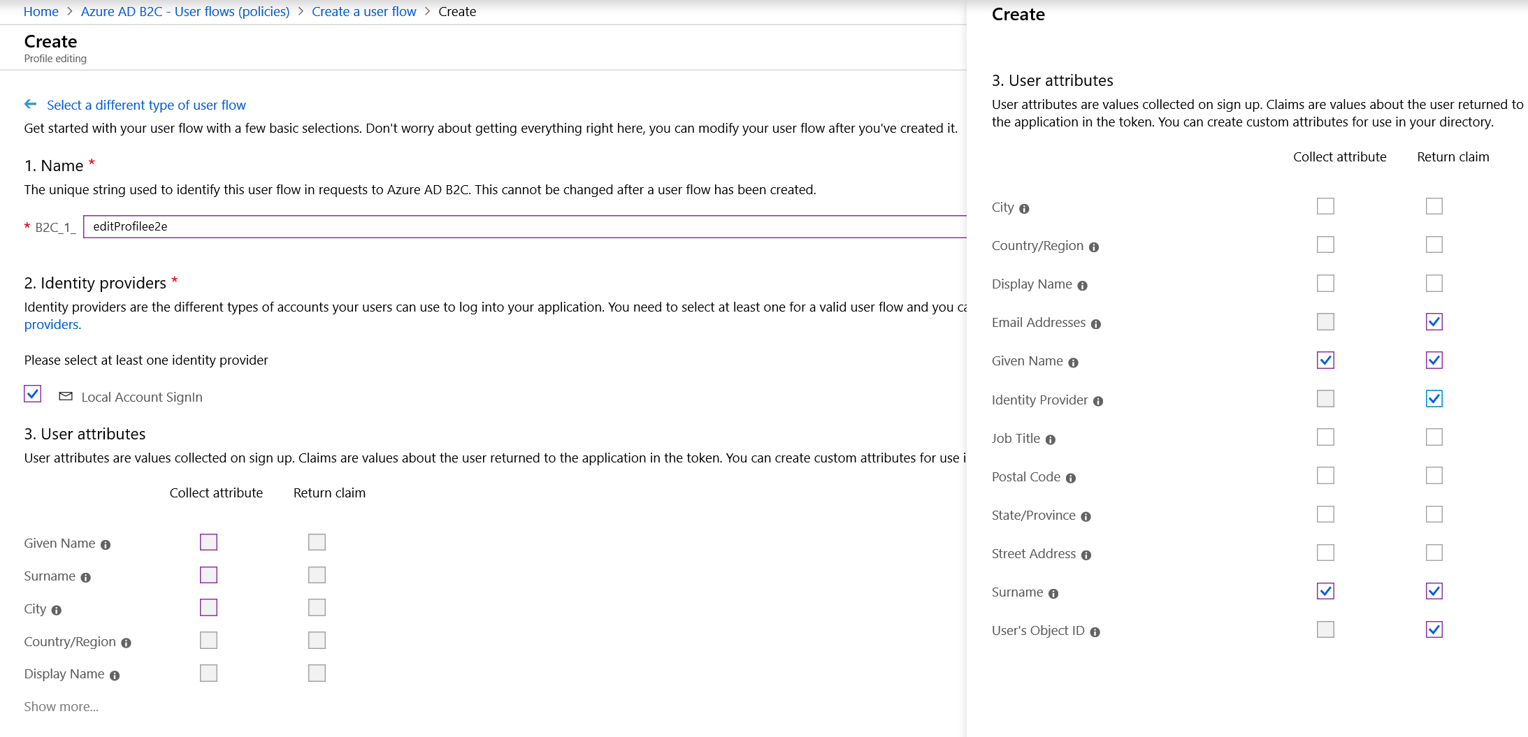Screenshot of the Microsoft Entra B2C profile editing user flow settings.