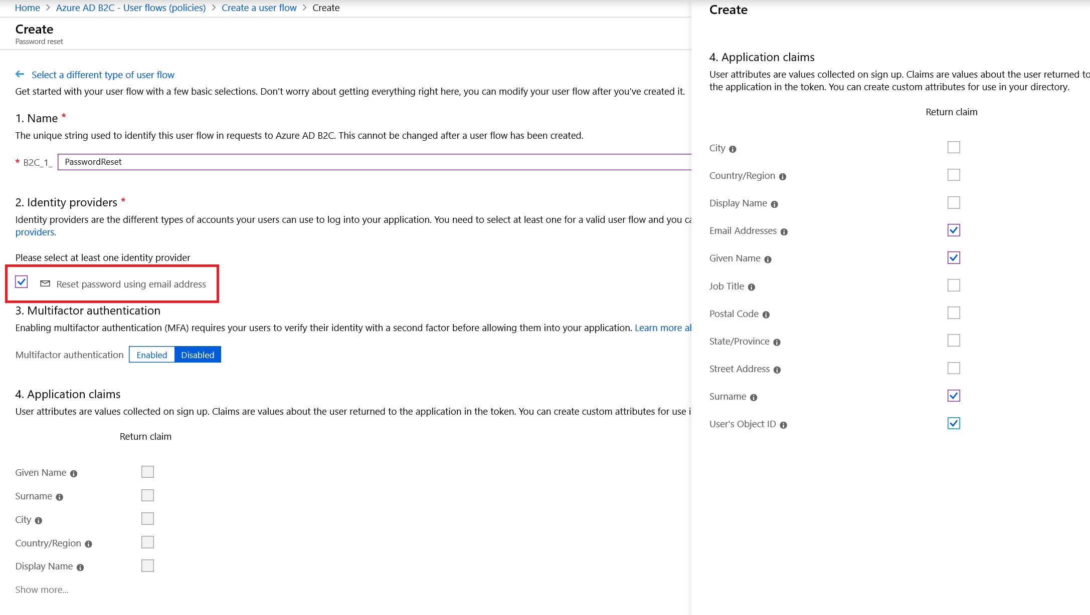 Screenshot of the Reset Password using mail address setting in the Microsoft Entra B2C password reset user flow.