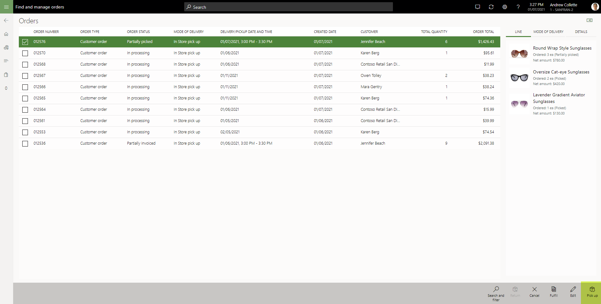 Screenshot of the Pick up operation in POS.