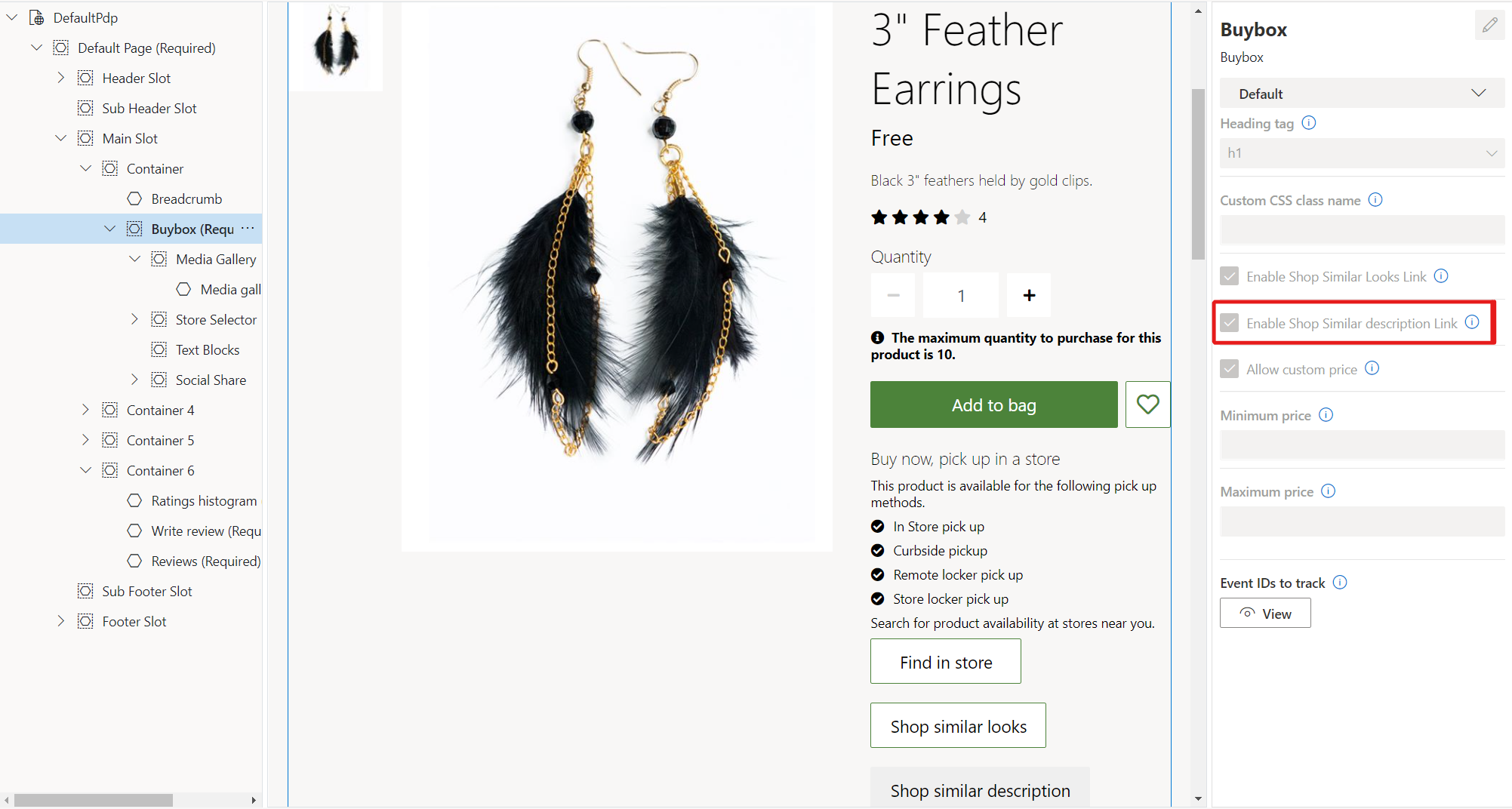 Screenshot of the Enable shop similar description Link checkbox and Shop similar description button on a PDP in site builder.