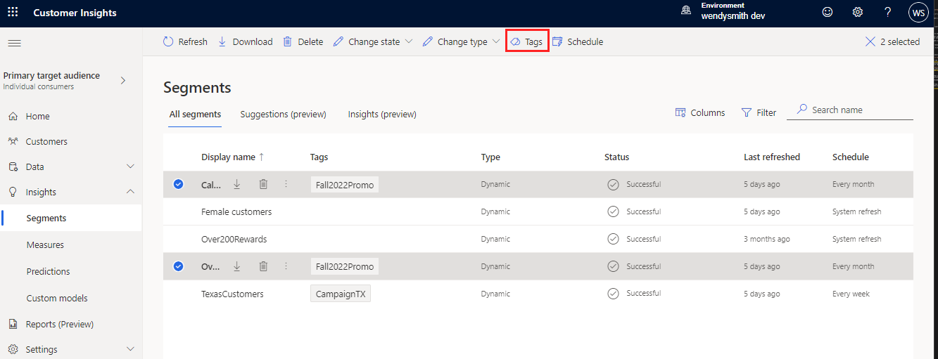 Selected segment with Tags highlighted in the command bar.