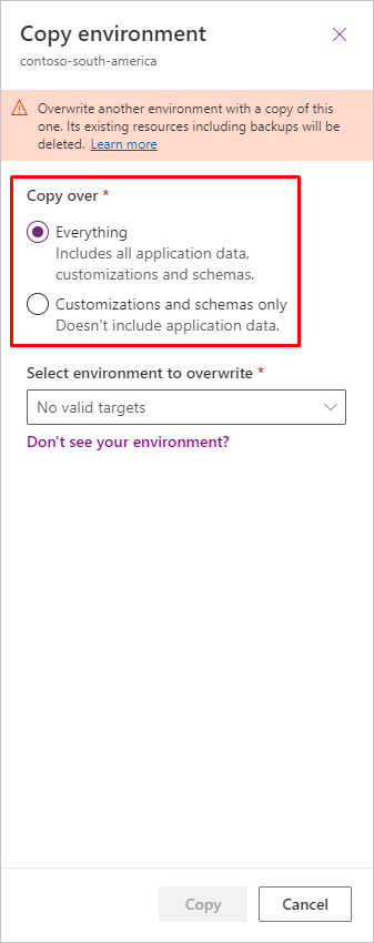 Select the copy type Select the copy type.