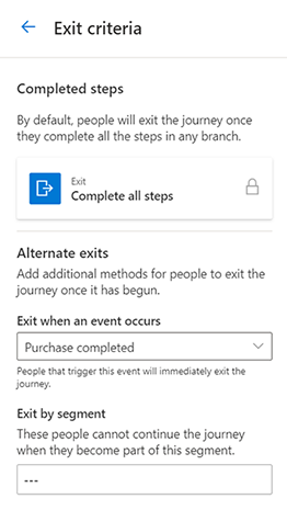 Set journey exit screenshot Screenshot of the journey exit settings showing how to set a trigger-based exit for the customer journey.