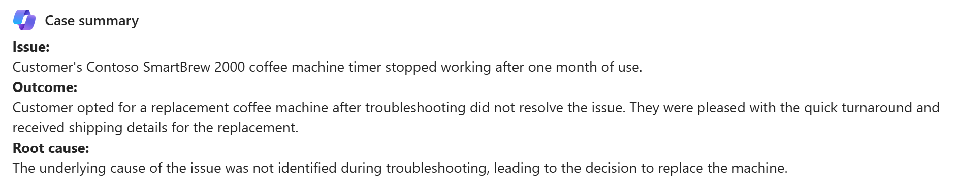 Screenshot of a paragraph Copilot case summary.
