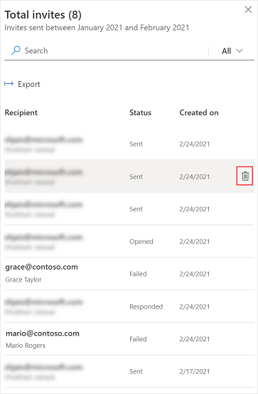 Delete a survey invitation from the invitation details panel Screenshot showing the Delete command (trashcan icon) on an invitation details panel.