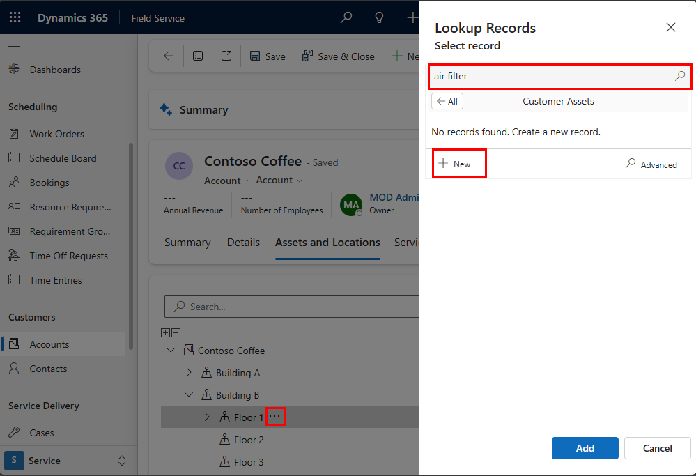Screenshot of the customer asset lookup pane on an account record.