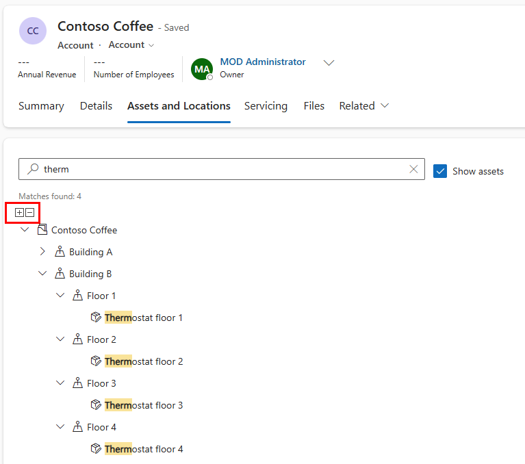 Screenshot of the results of a functional location search, with the Expand all and Collapse all icons highlighted.