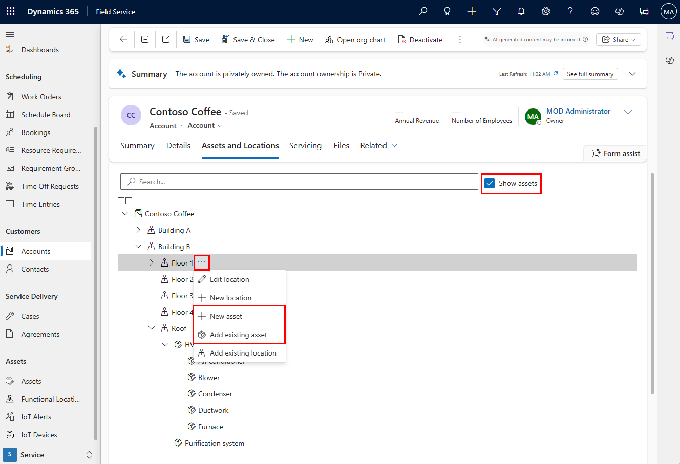 Screenshot of options for adding a new or existing asset to a functional location.