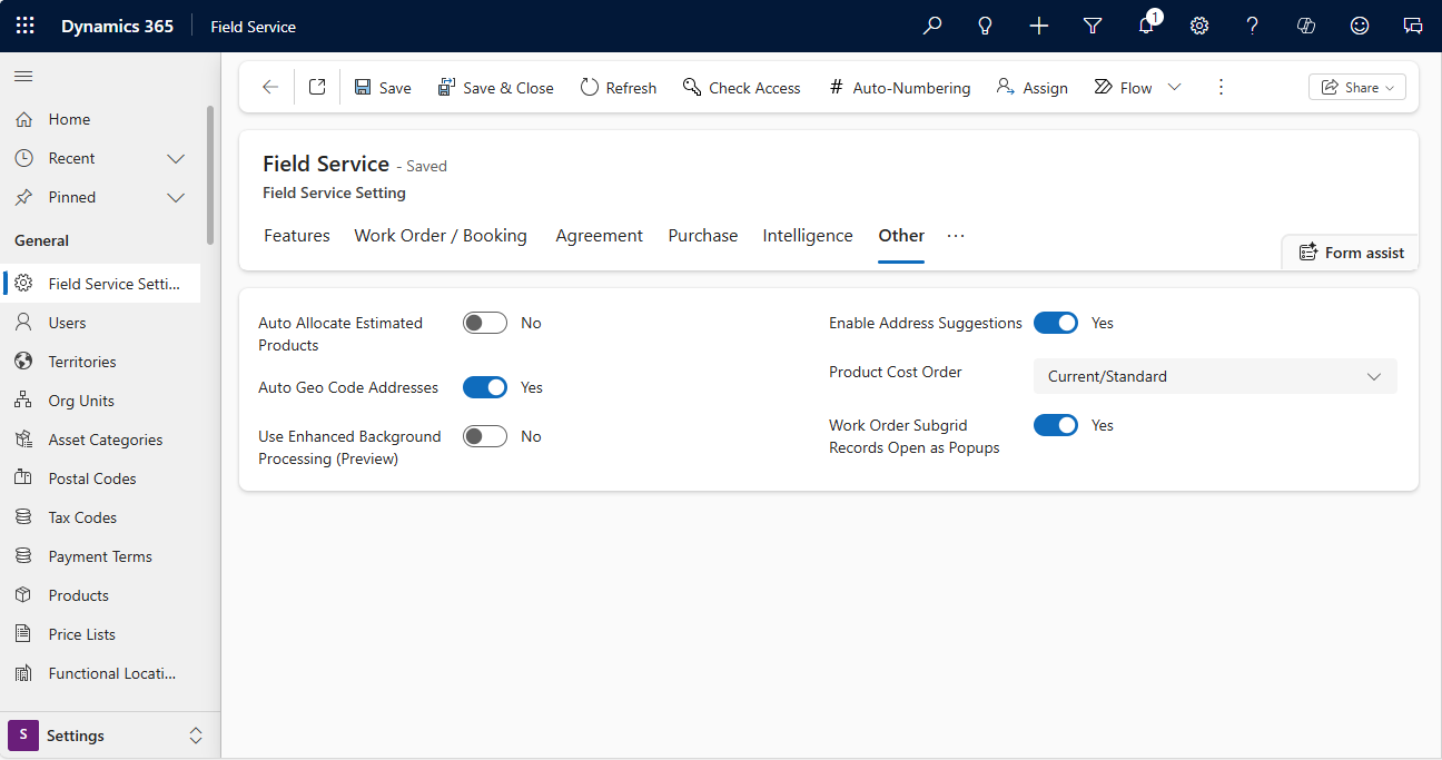 Screenshot of Field Service Settings with Auto Geo Code Addresses setting enabled.