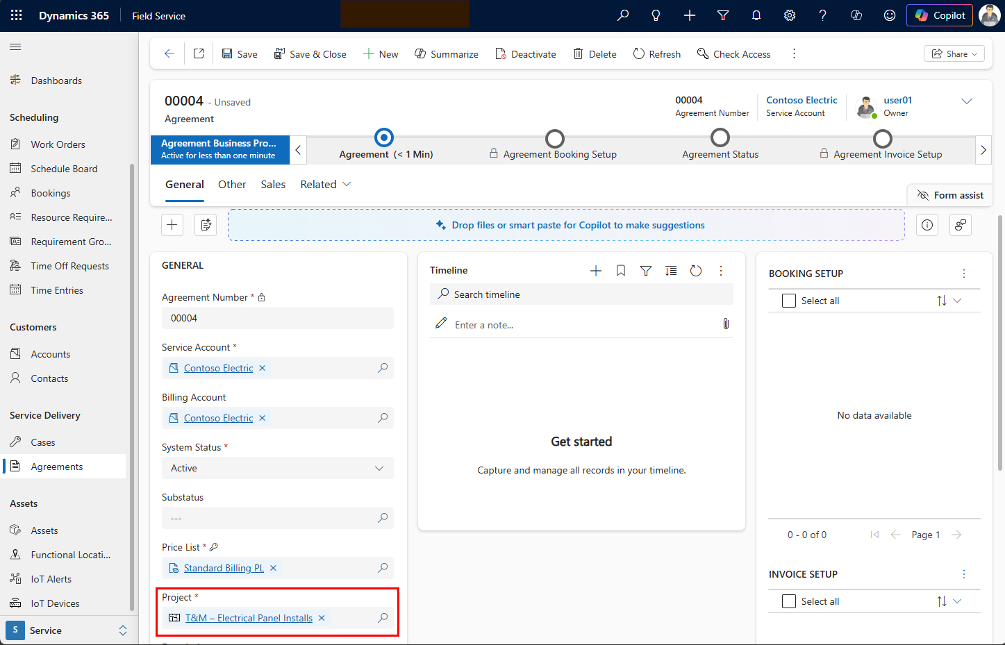 Screenshot of a Field Service agreement highlighting the Project field.