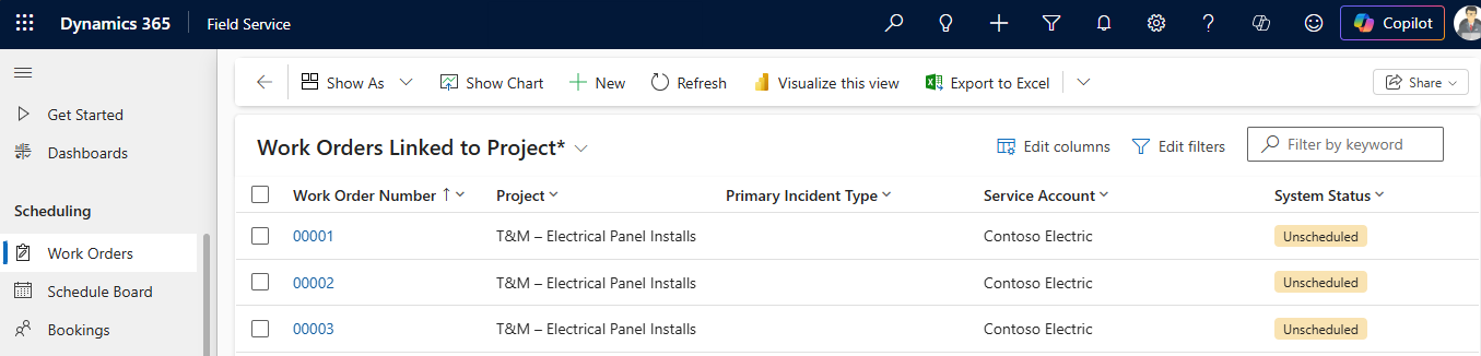 Screenshot of the Work Orders Linked to Project view.