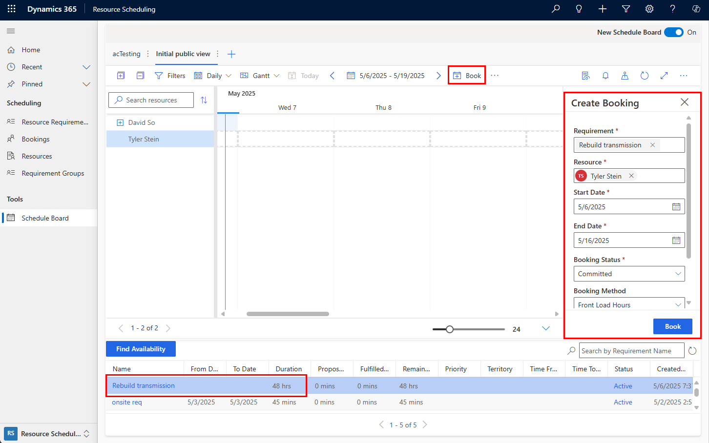 Screenshot of the scheduling board with a multi-day requirement.