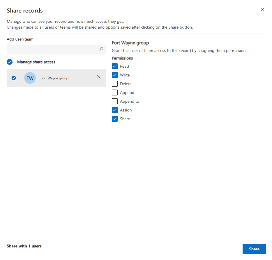 Screenshot of the Share records panel displaying various permission for a user, such as Read, Write, Append, and Share as selected.