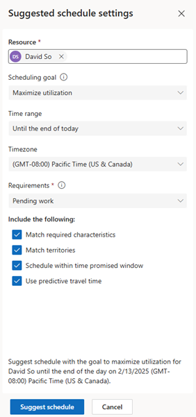 Screenshot of suggested schedule settings used by the Scheduling Operations Agent in Dynamics 365 Field Service.