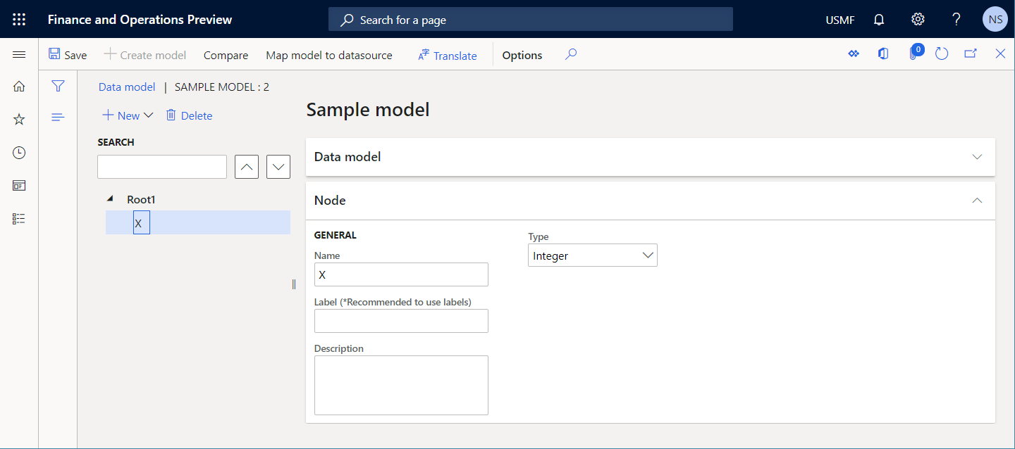 Screenshot of X field and Integer data type added to the data mode tree on the Data model page.